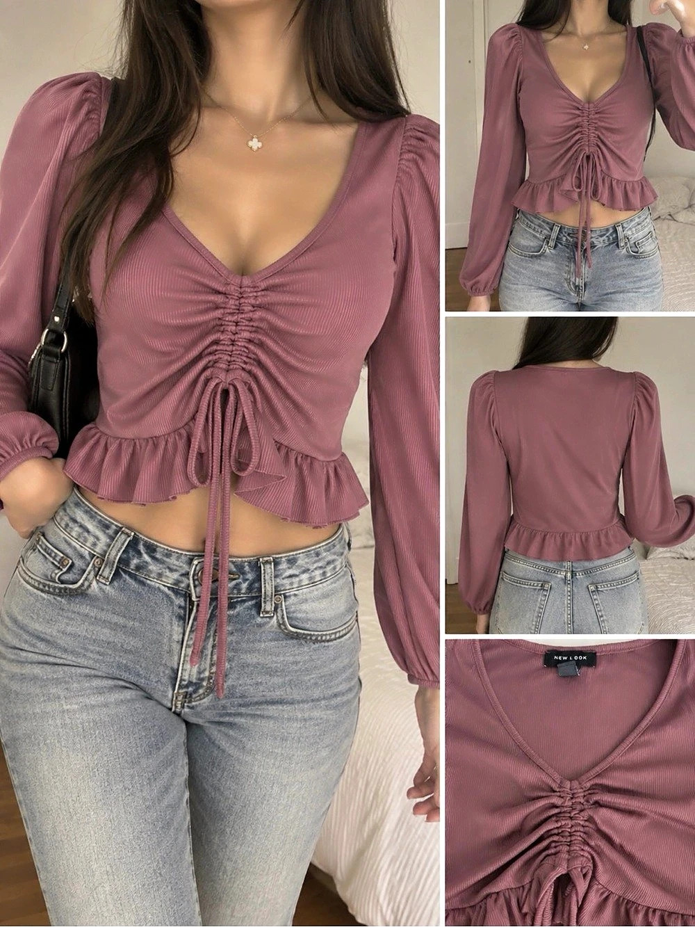 Mauve Ribbed Ruched Peplum Top
